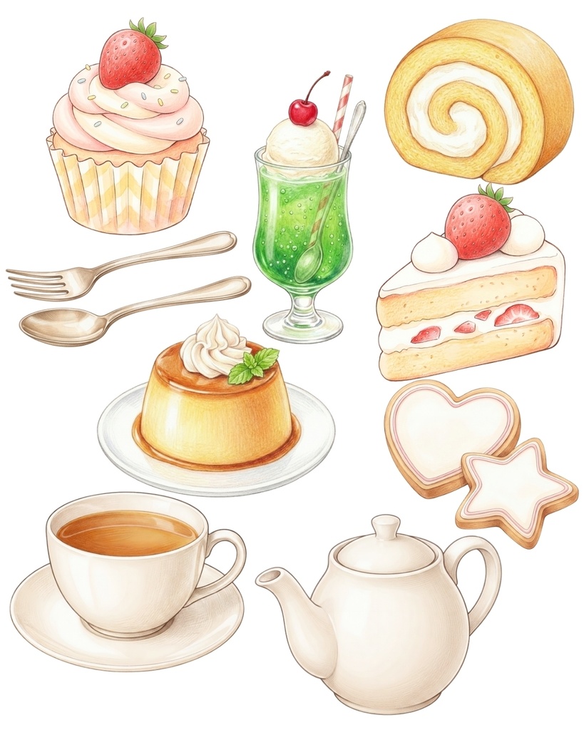 カフェ素材20点セット|背景透過PNG|スイーツ・ドリンク素材