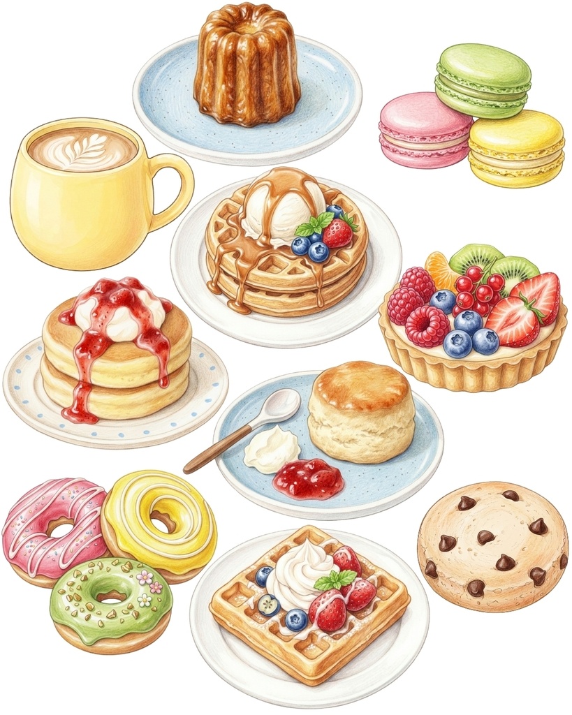 カフェ素材20点セット|背景透過PNG|スイーツ・ドリンク素材