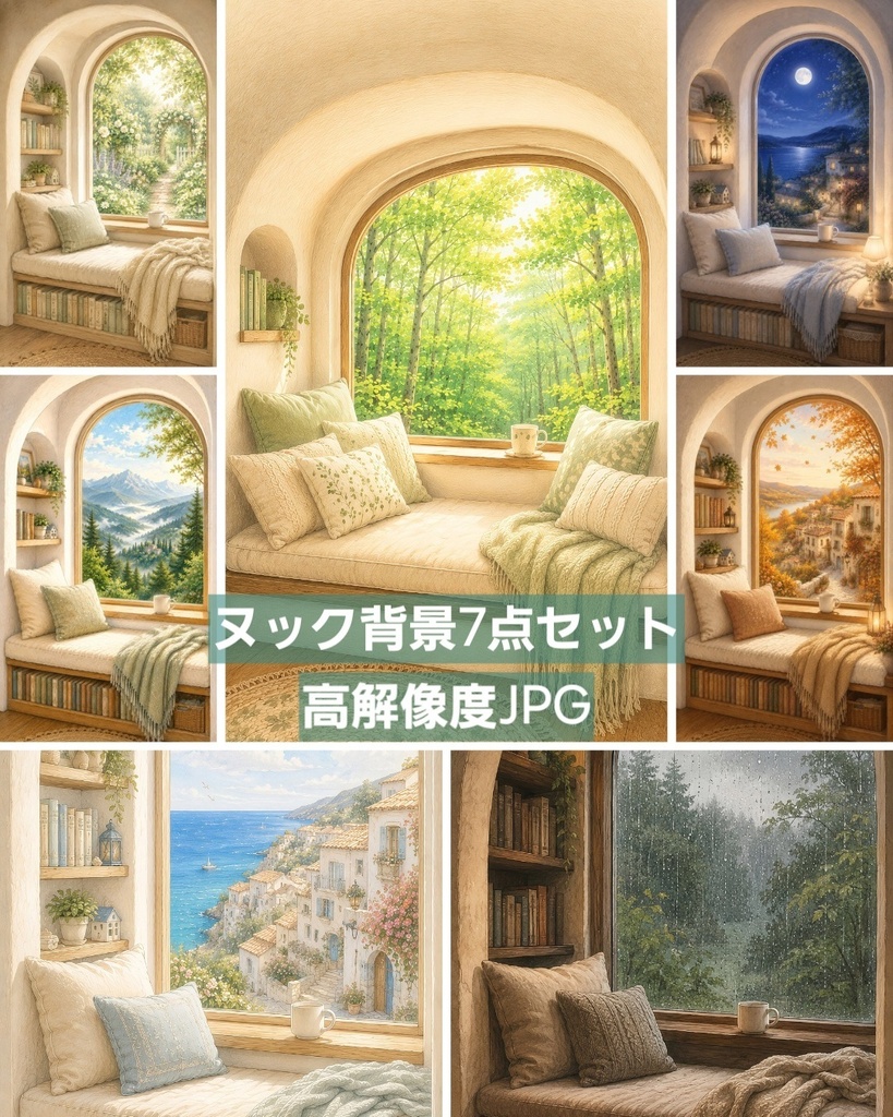 部屋背景7点セット|ヌック・インテリア壁紙素材|手描き風背景
