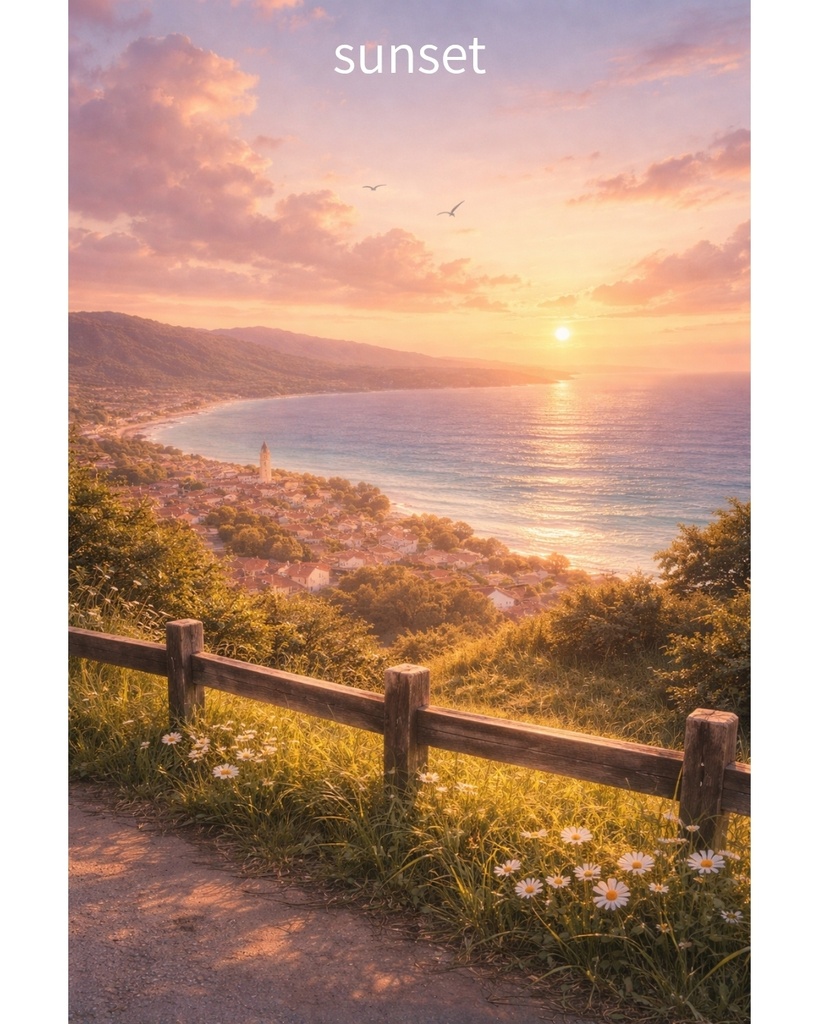 海辺の街 背景画像|壁紙 JPEG 2:3|朝と夕暮れ2パターン
