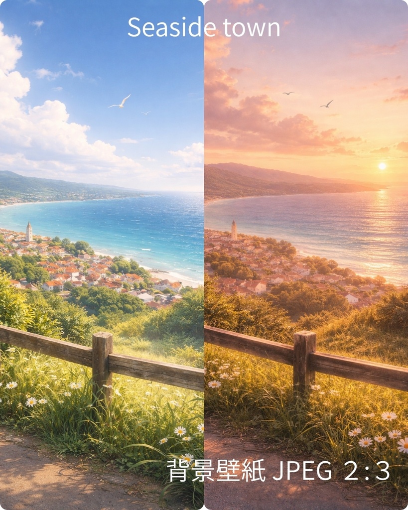海辺の街 背景画像｜壁紙 JPEG 2:3｜朝と夕暮れ２パターン