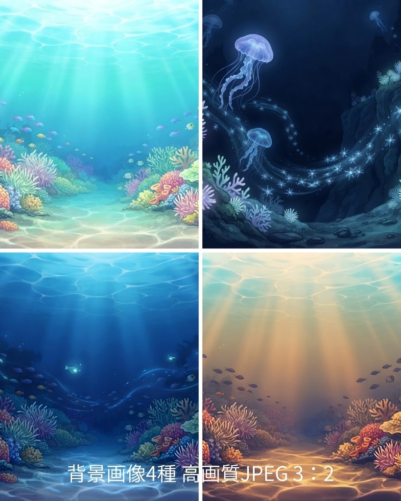 海中イラスト背景4種|JPEG 3:2 壁紙 配信背景