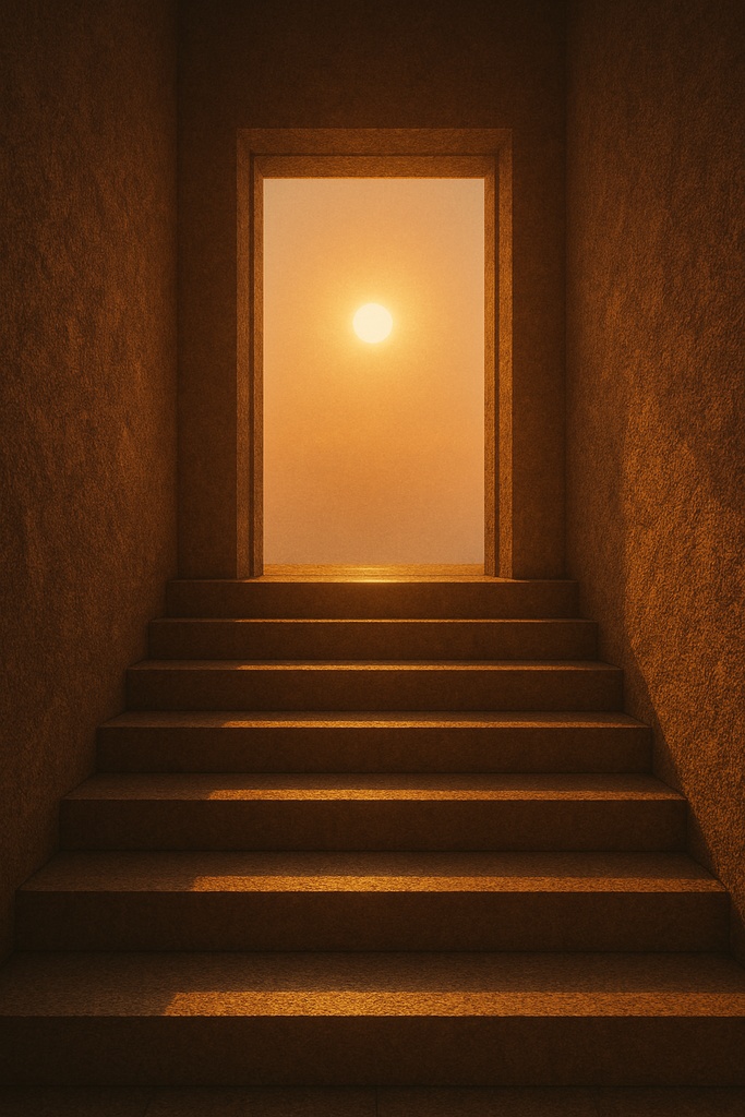 光の先へ – 未来を照らす扉｜階段と夕日 背景画像素材（AI生成・商用利用可）