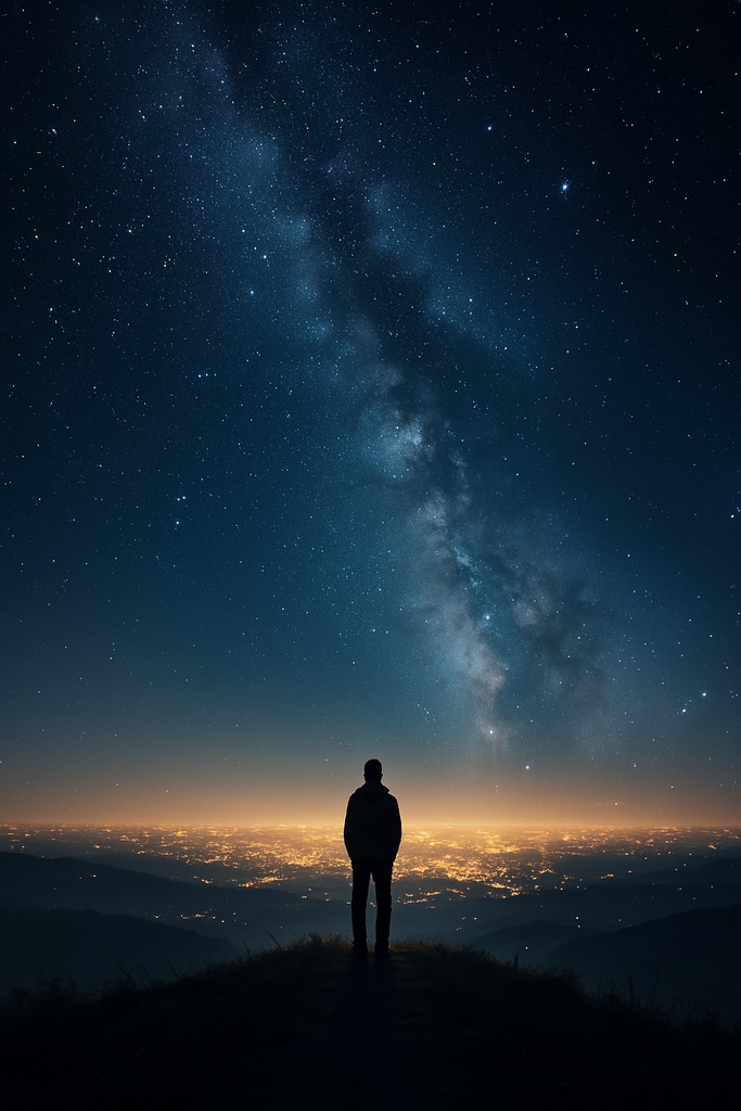 夜空と街明かりに包まれる男|宇宙と孤独を描く背景画像(縦型9:16)