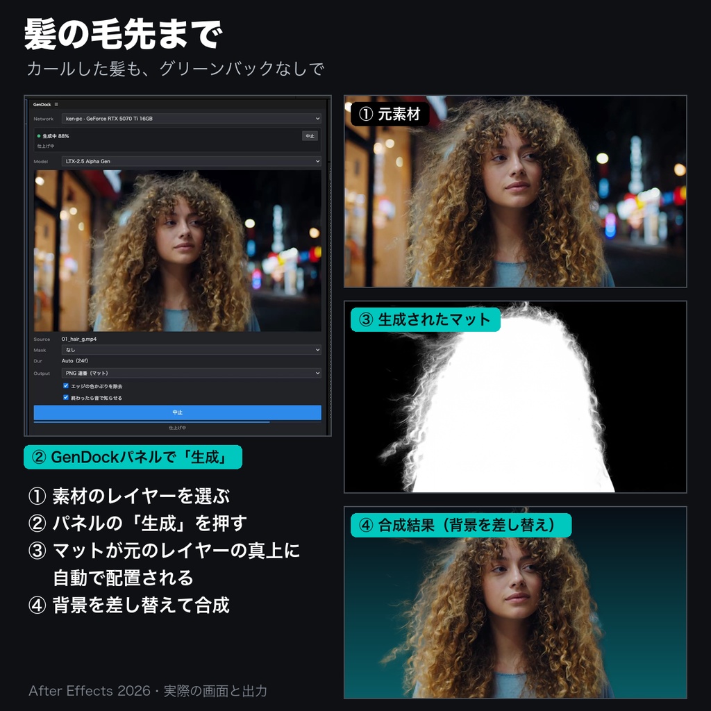 GenDock for Ae|グリーンバック無しでも髪や煙も綺麗に抜けるマットを自動生成(After Effects 拡張機能)