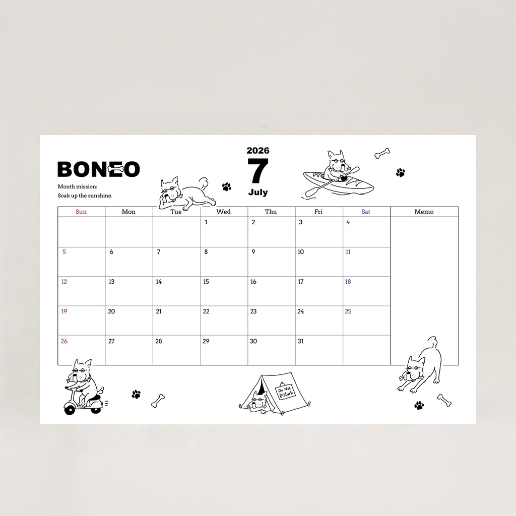 BONEO 2026年7月カレンダー(ハガキサイズ)