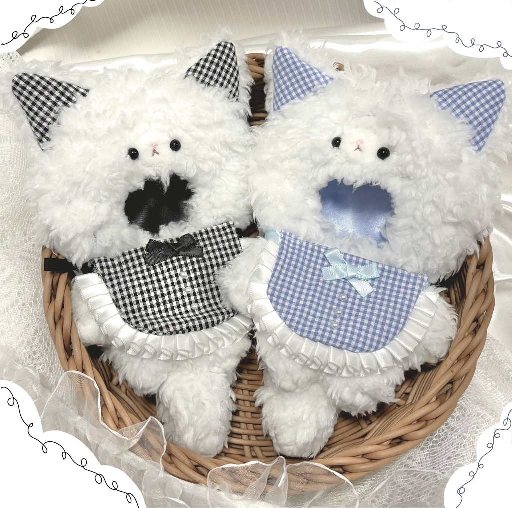 10-14cm ぬいぐるみ用 着ぐるみ ぬい服 ねこ チェック スタイ付き