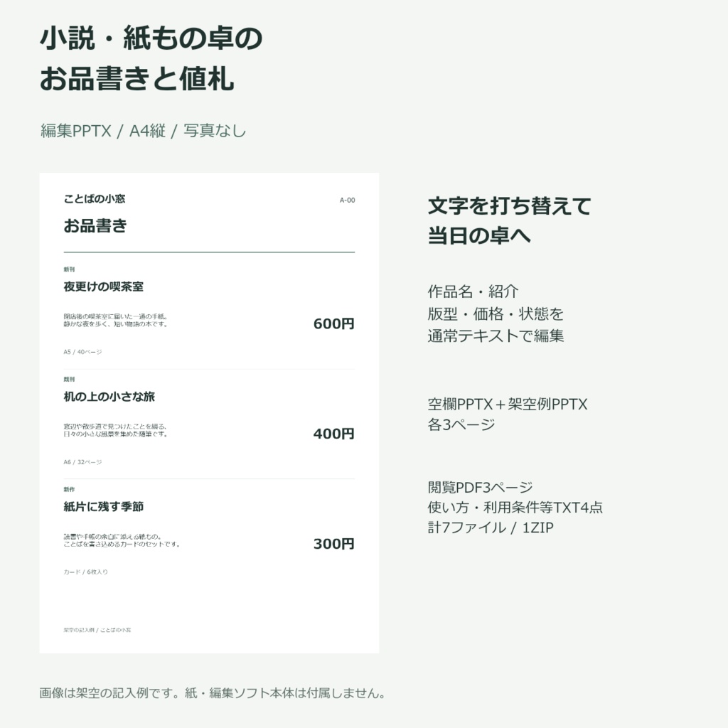 小説・紙もの卓のお品書きと値札（編集PPTX）