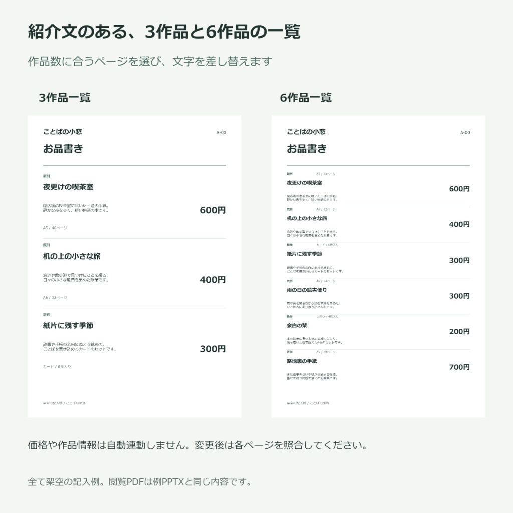 小説・紙もの卓のお品書きと値札(編集PPTX)