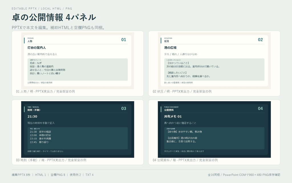 卓の公開情報4パネル｜編集PPTX・入力HTML・PNG