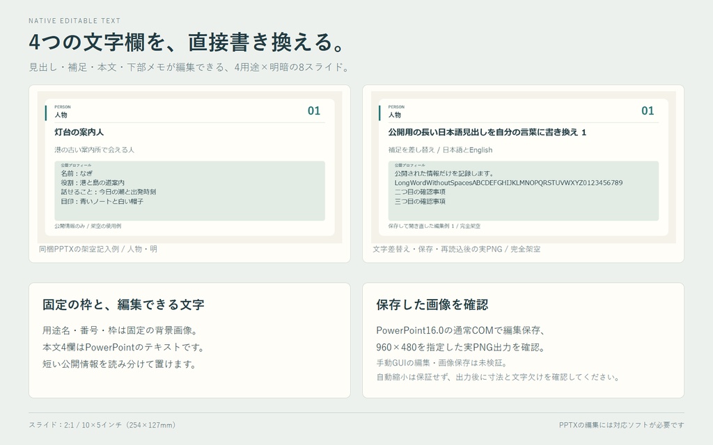 卓の公開情報4パネル|編集PPTX・入力HTML・PNG
