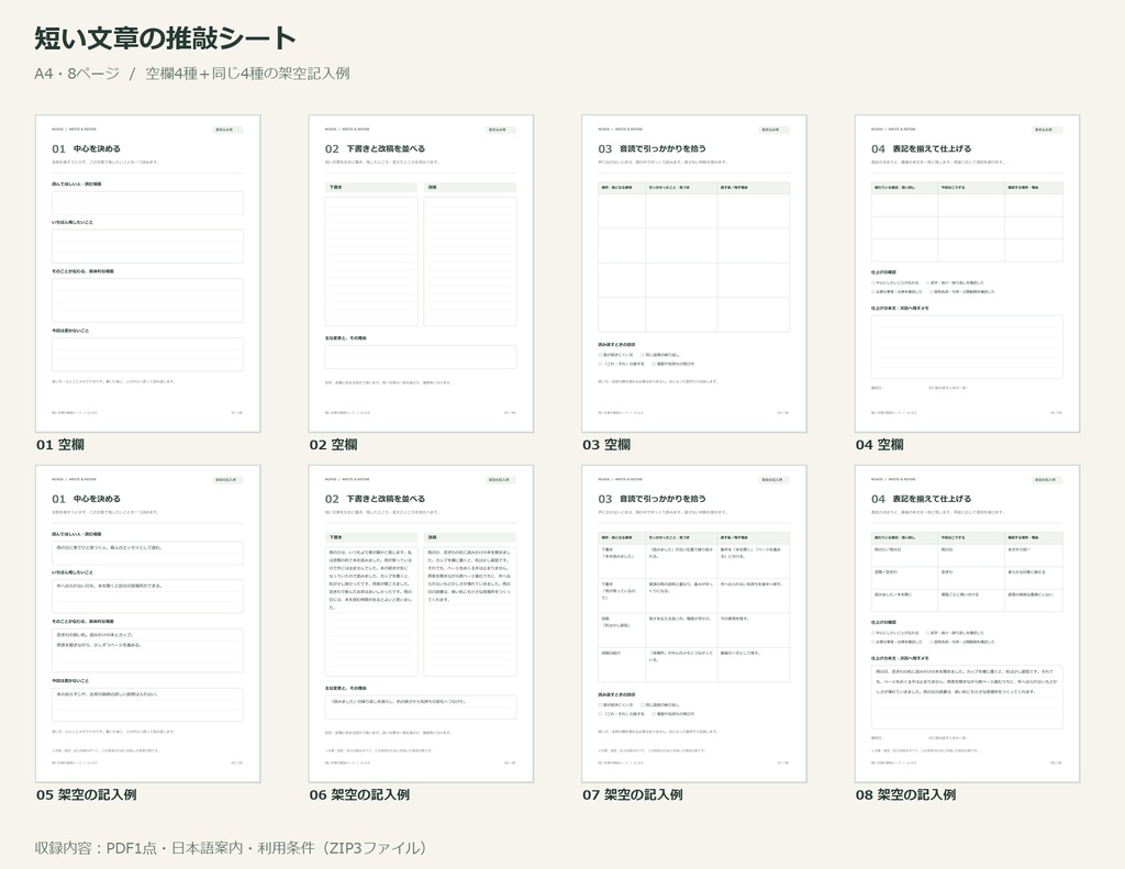 短い文章の推敲シート|空欄4種・架空記入例付き A4 PDF8ページ