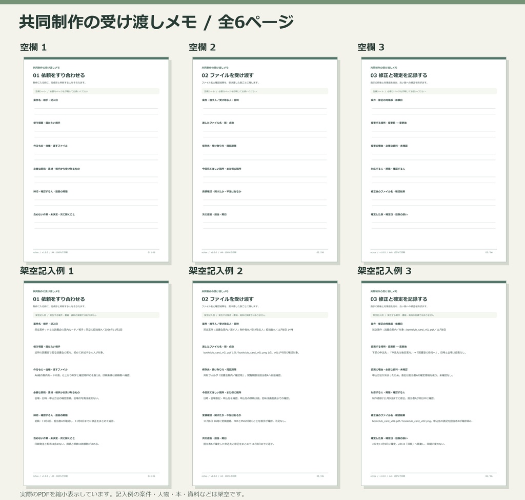 共同制作の受け渡しメモ|A4空欄3種+架空記入例