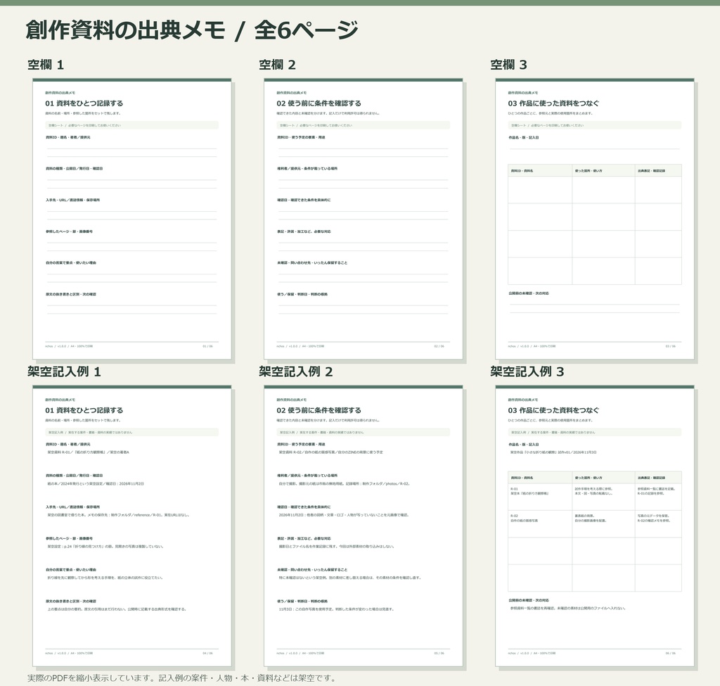 創作資料の出典メモ|A4空欄3種+架空記入例