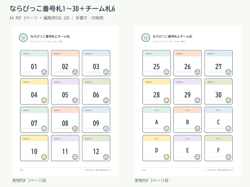 ならびっこ番号札1〜30＋チーム札6｜A4 PDF・編集用SVG