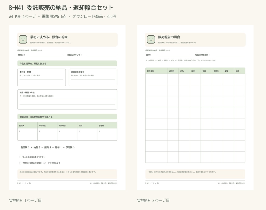 委託販売の納品・返却照合セット｜A4 PDF 6p・編集用SVG