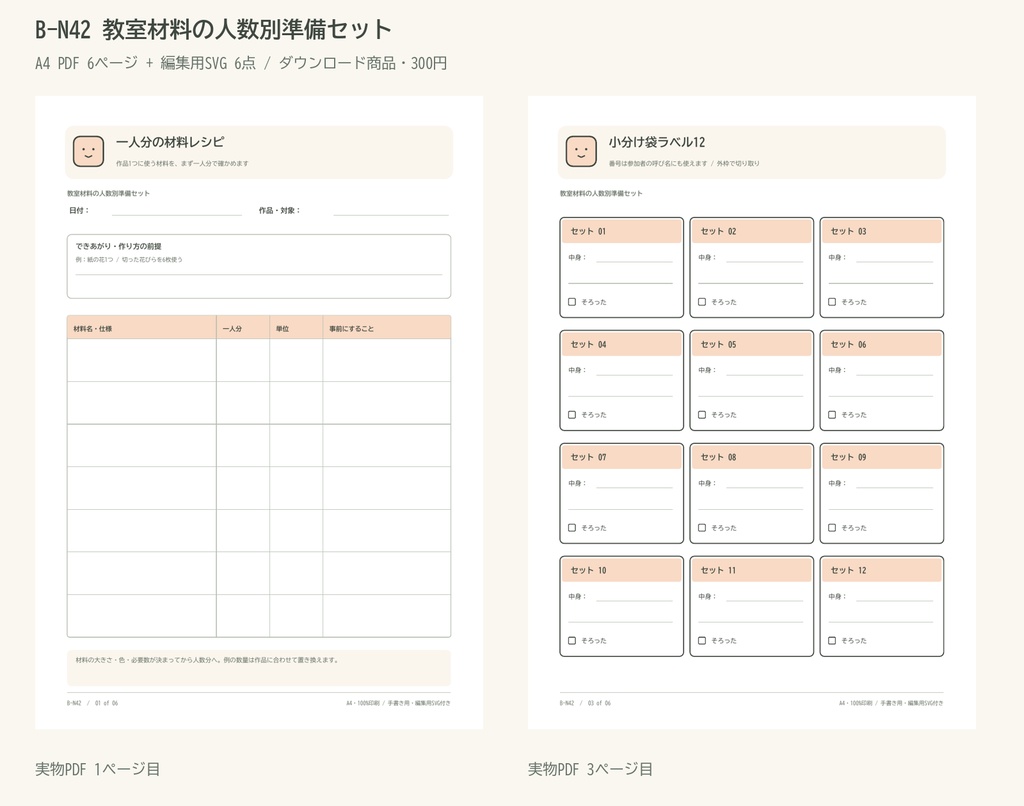 教室材料の人数別準備セット｜A4 PDF 6p・編集用SVG