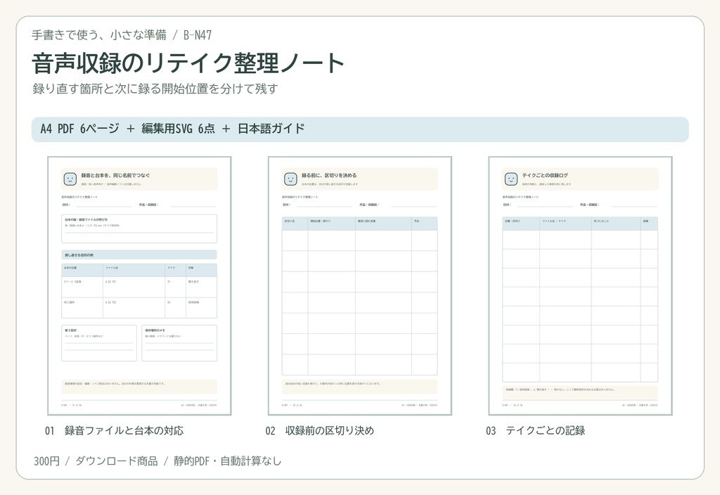 音声収録のリテイク整理ノート｜A4 PDF 6p・編集用SVG