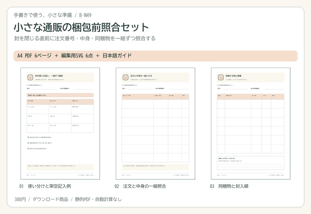 小さな通販の梱包前照合セット｜A4 PDF 6p・編集用SVG