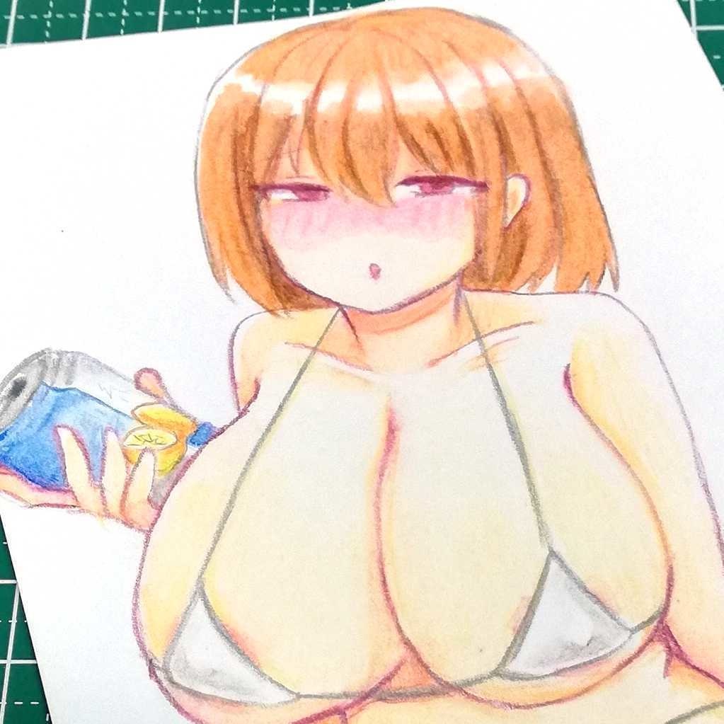 手描きイラスト原画・みずぎのおねえさん【ハガキサイズ】