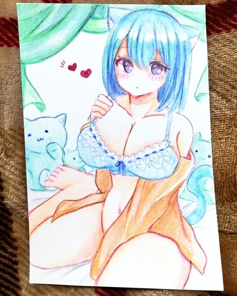 【手描きイラスト】水色髪ねこみみ下着少女【ハガキサイズ】