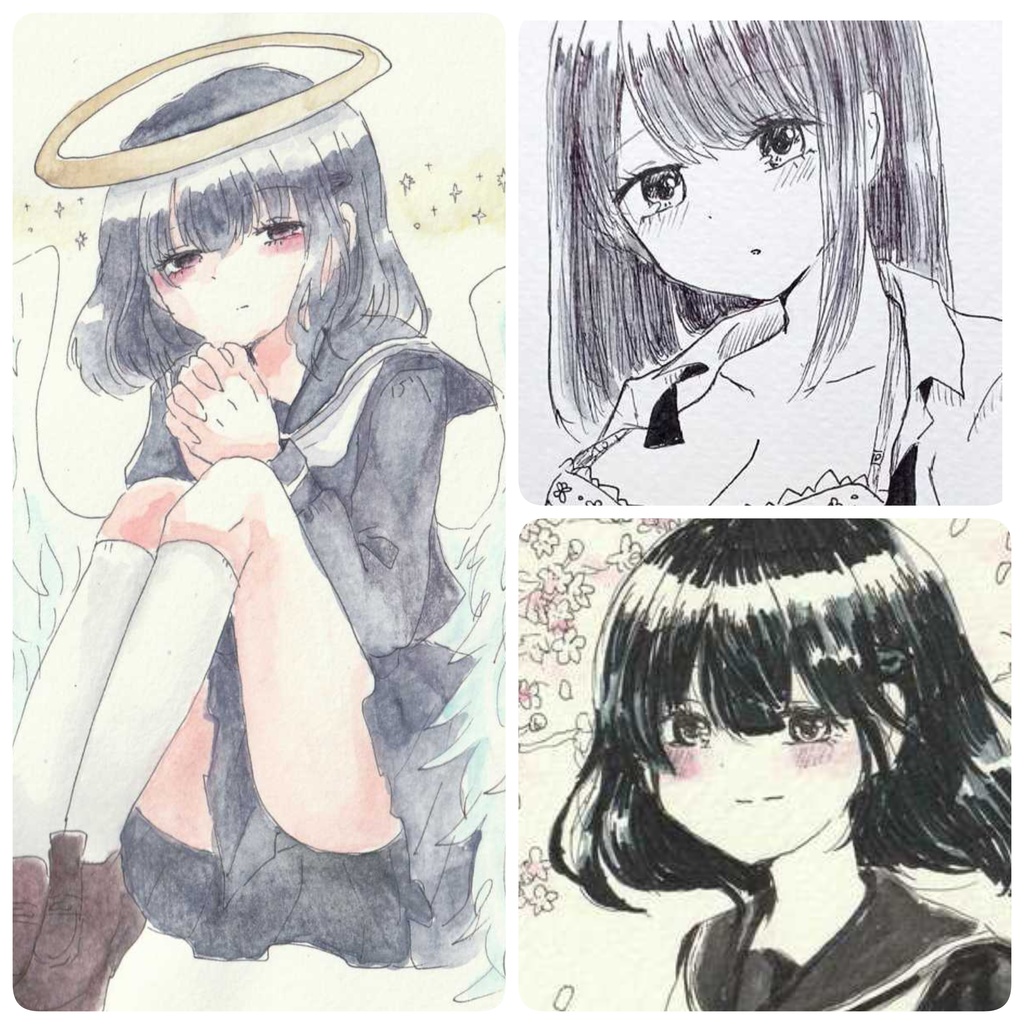 手描きイラスト原画 女の子たち ほぼハガキサイズ 幽霊の地下街 Booth