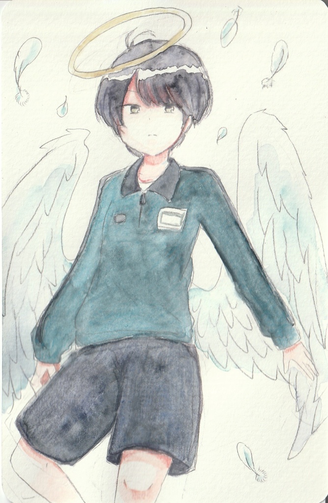 【手描きイラスト原画】学ラン天使【ほぼハガキサイズ】