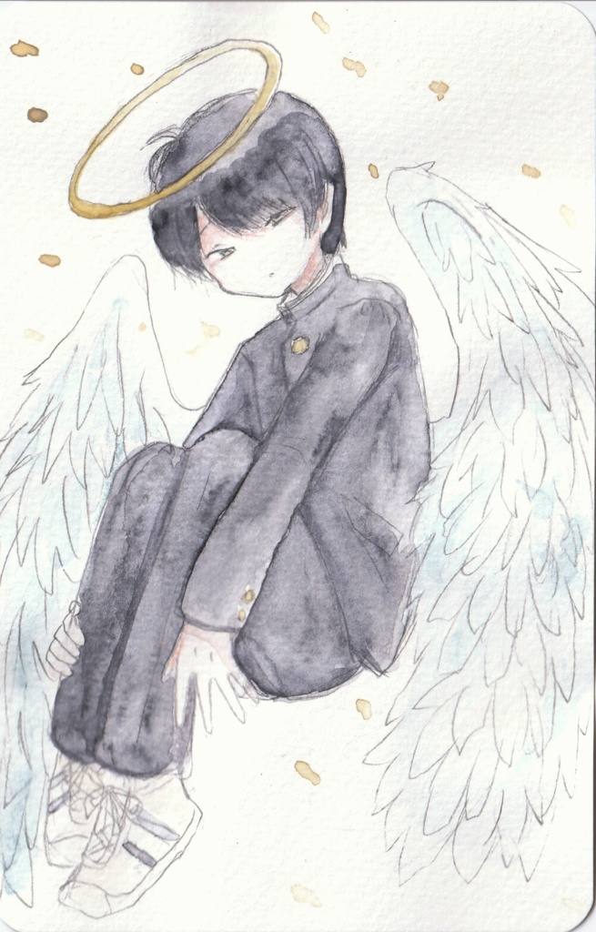 【手描きイラスト原画】学ラン天使【ほぼハガキサイズ】