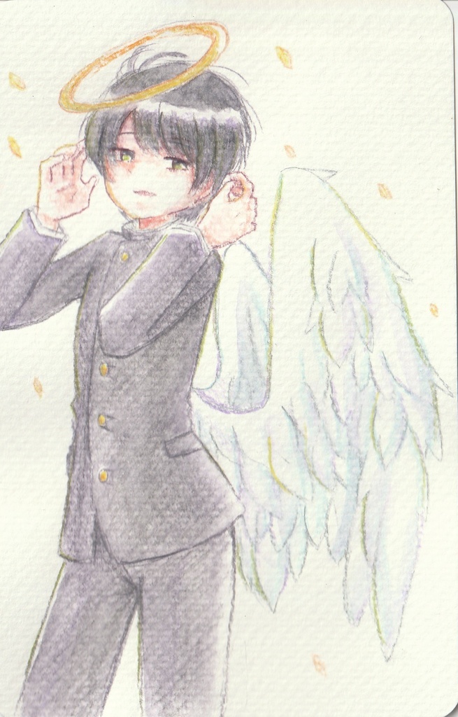 【手描きイラスト原画】学ラン天使【ほぼハガキサイズ】