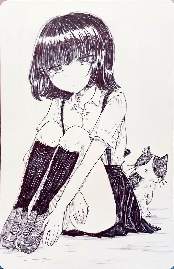 【手描きイラスト原画】ねこと少女【ほぼハガキサイズ】