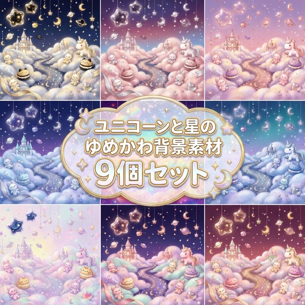 ユニコーンと星のゆめかわ背景素材9個セット