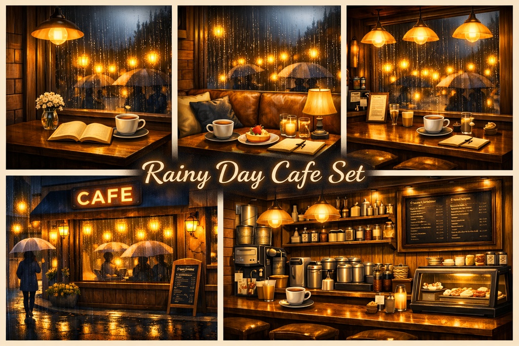 雨の日のカフェ背景セット