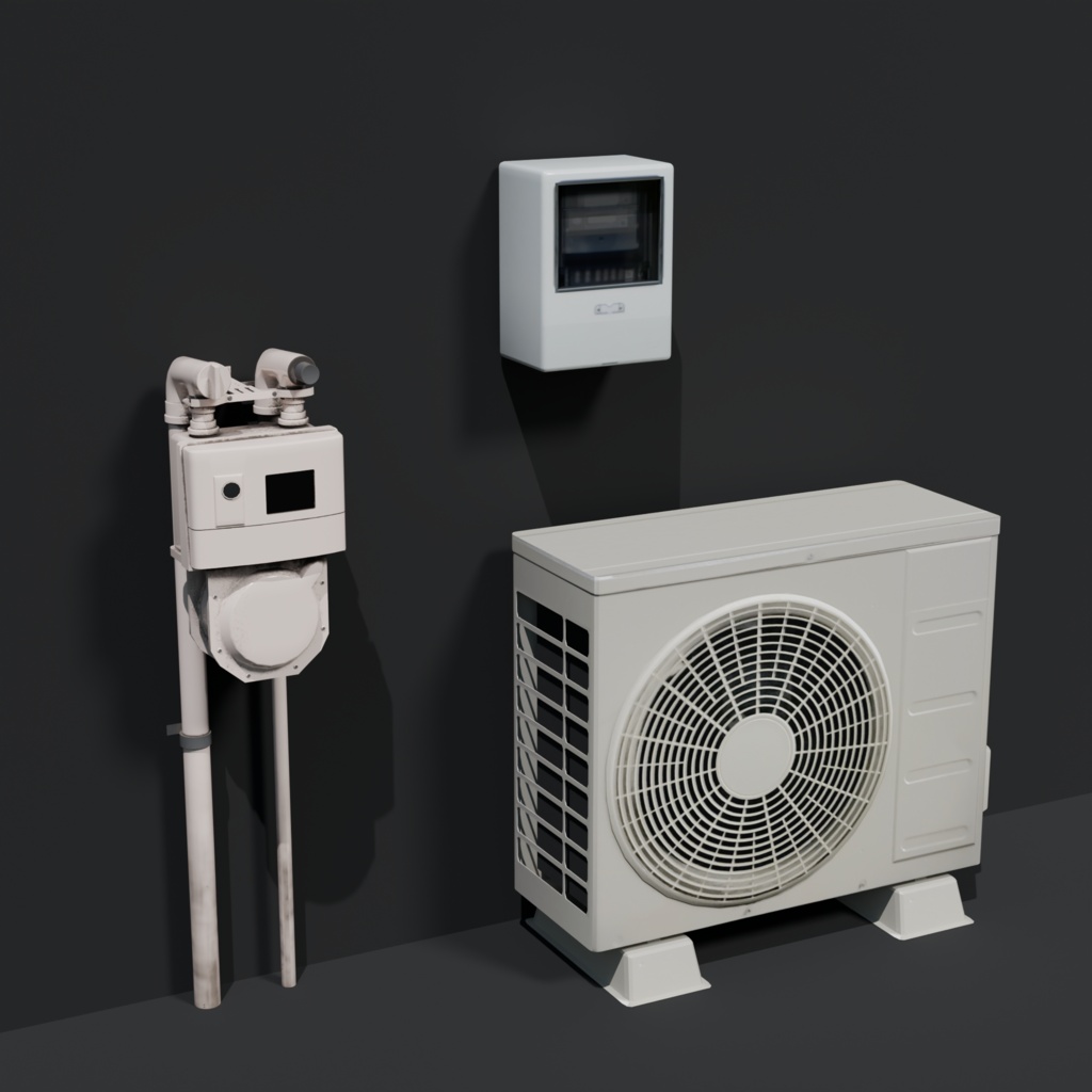 3Dモデル　室外機、ガスメーター、電気メーター