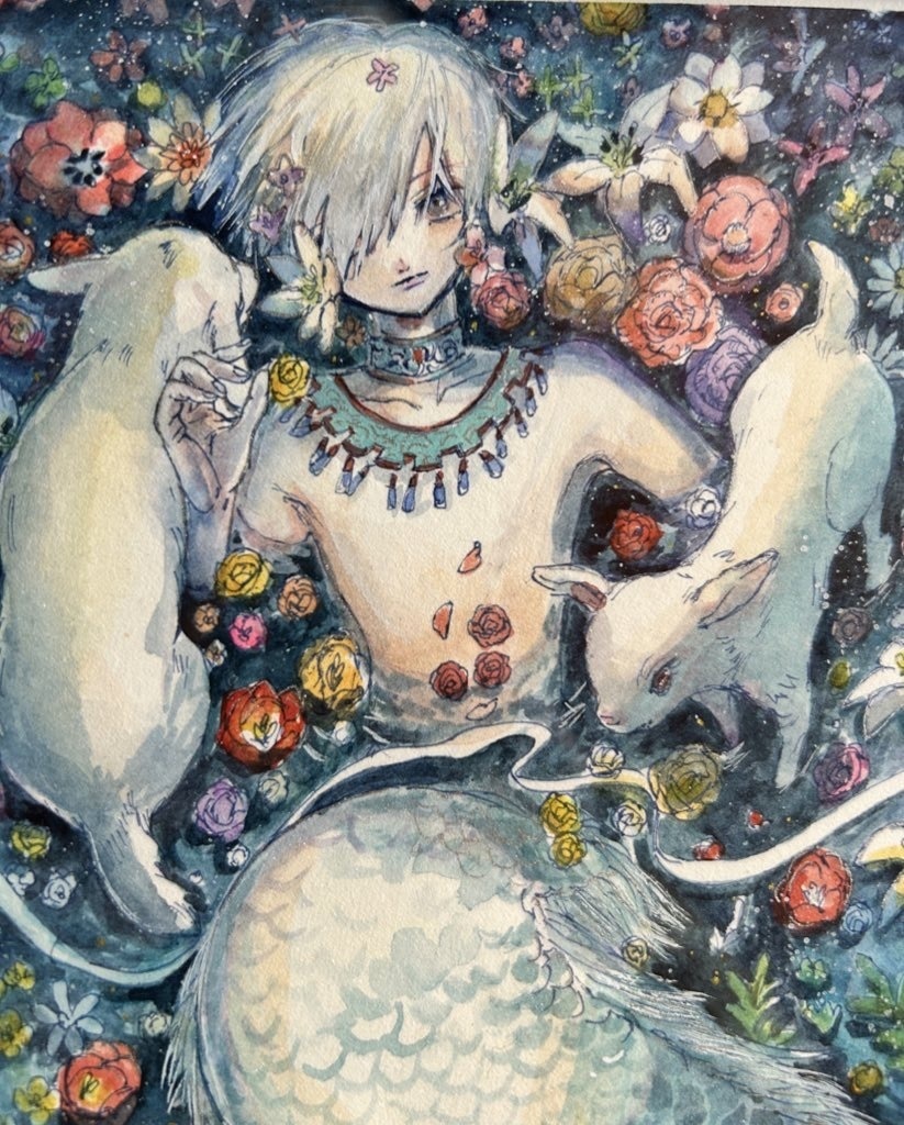 【額装原画】白人魚とヤギ