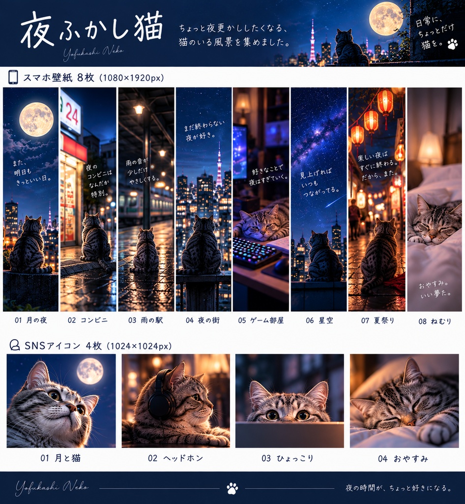 夜ふかし猫｜スマホ壁紙8枚＋SNSアイコン4枚