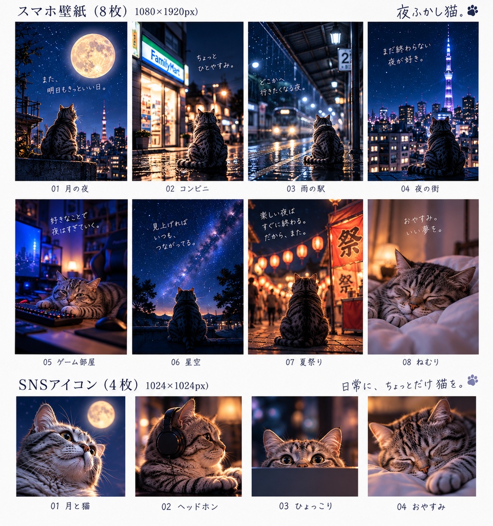 夜ふかし猫|スマホ壁紙8枚+SNSアイコン4枚