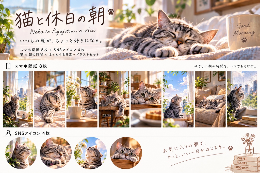 猫と休日の朝｜スマホ壁紙8枚＋SNSアイコン4枚