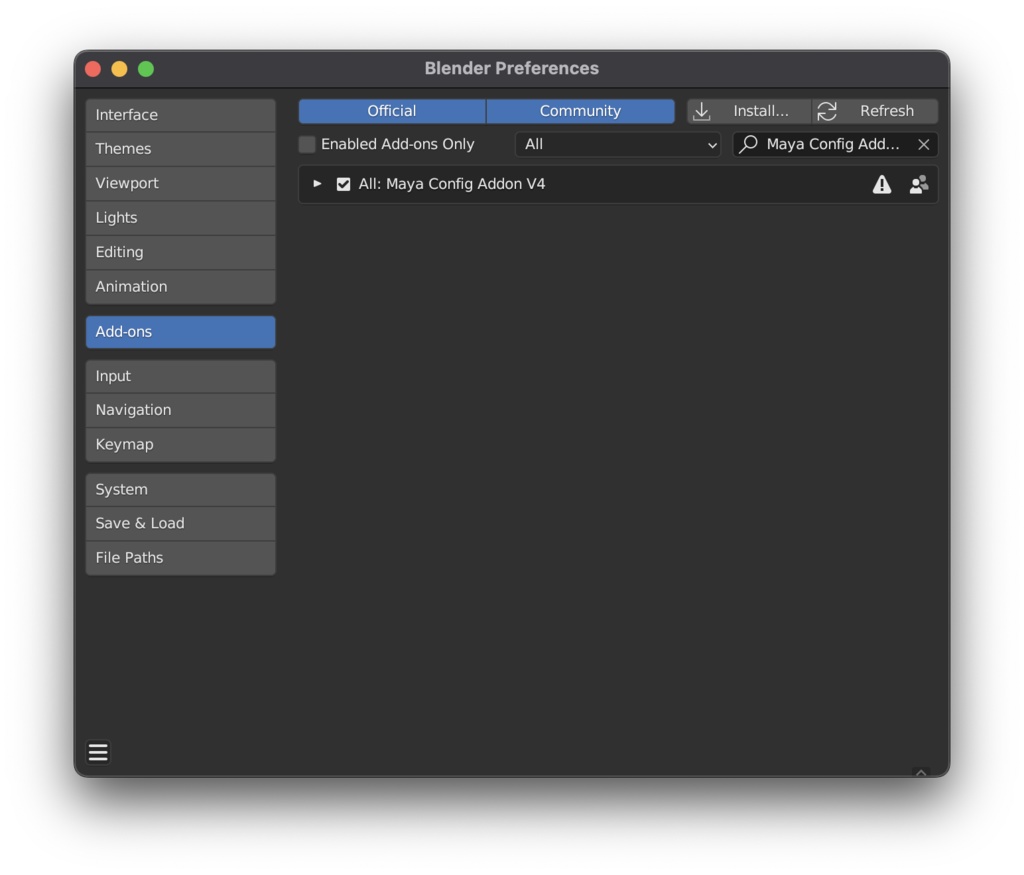 Maya Config Addon V4 インストール補助キット (macOS Blender 3.6, 4.2)