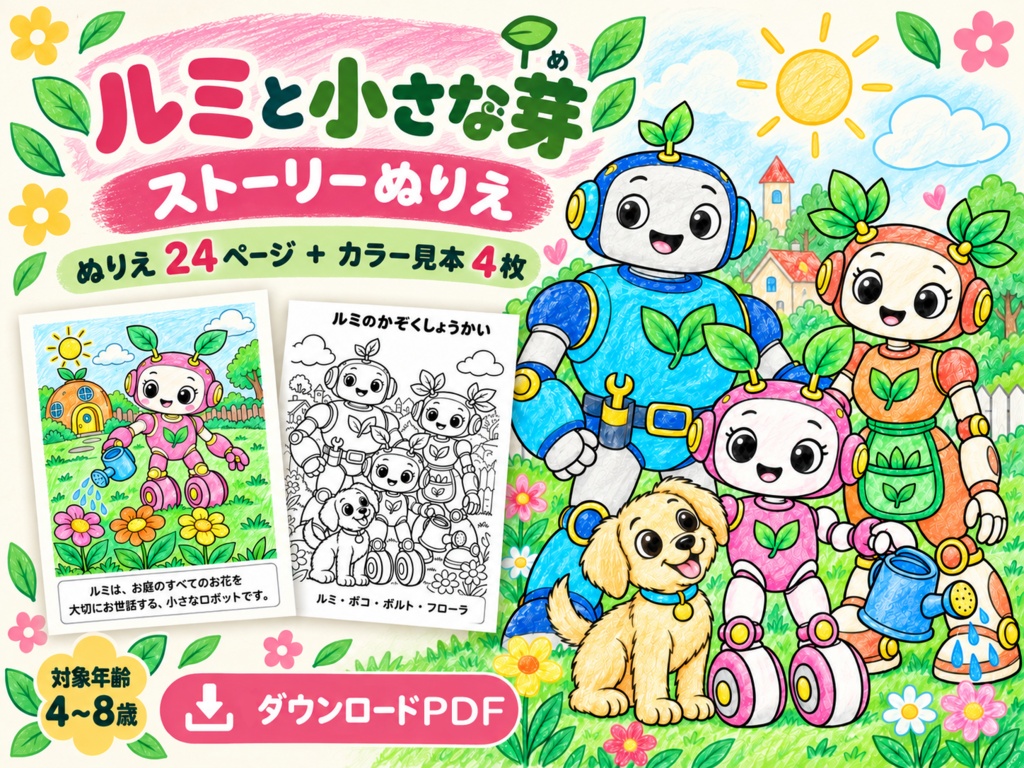 「ルミと小さな芽」ストーリーぬりえ　別絵バージョン　24枚　印刷用PDFデータ　対象年齢：4～8歳