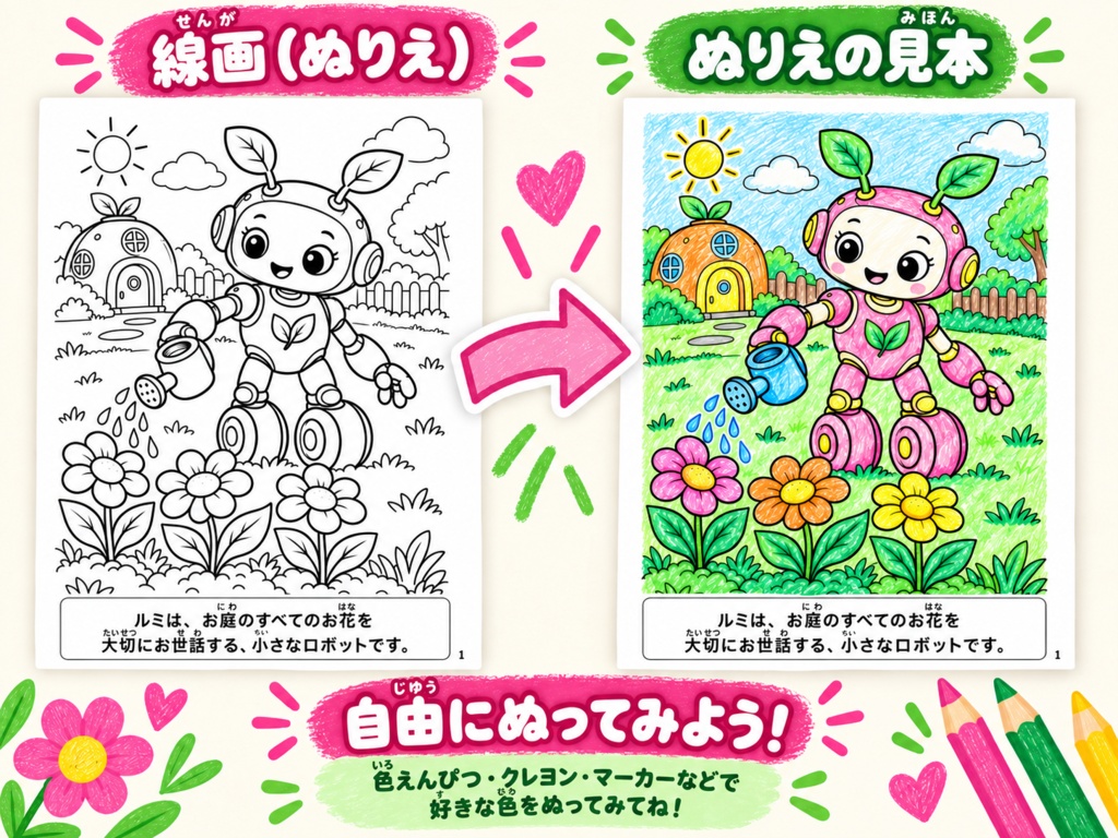 「ルミと小さな芽」ストーリーぬりえ 別絵バージョン 24枚 印刷用PDFデータ 対象年齢:4~8歳