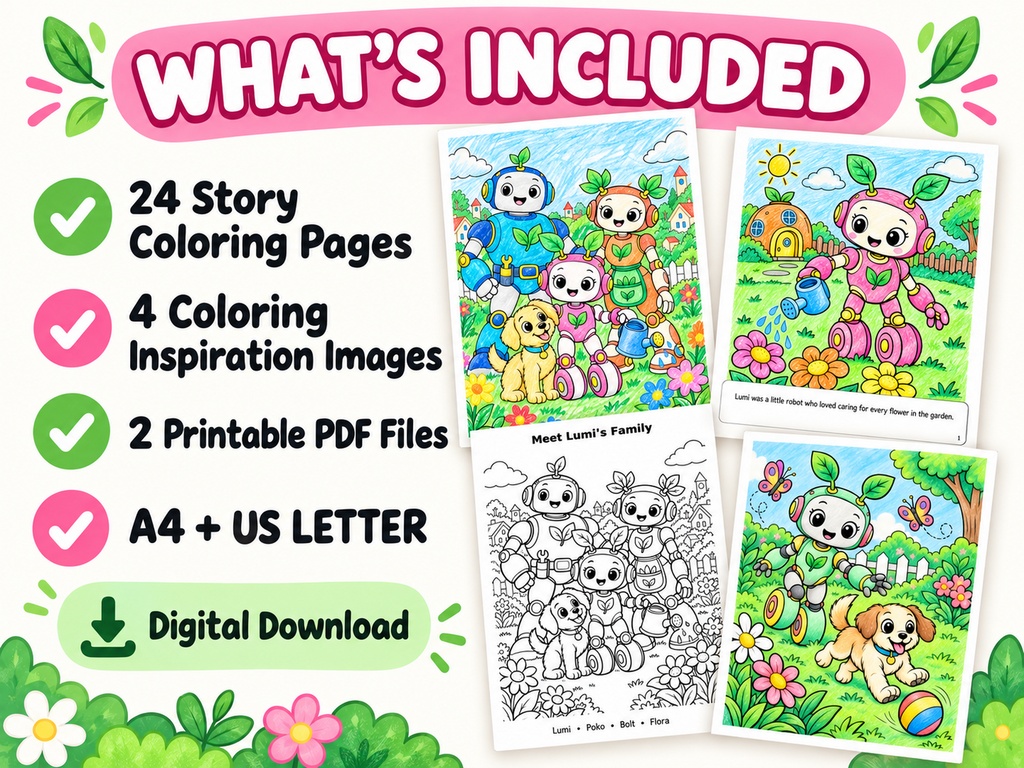 English Edition – “Lumi and the Little Sprout” Alternate illustration version Story Coloring Book 24 Pages • Printable PDF Files • Recommended Ages: 4–8