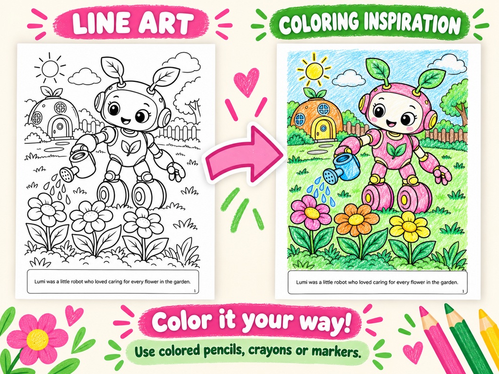 English Edition – “Lumi and the Little Sprout” Alternate illustration version Story Coloring Book 24 Pages • Printable PDF Files • Recommended Ages: 4–8
