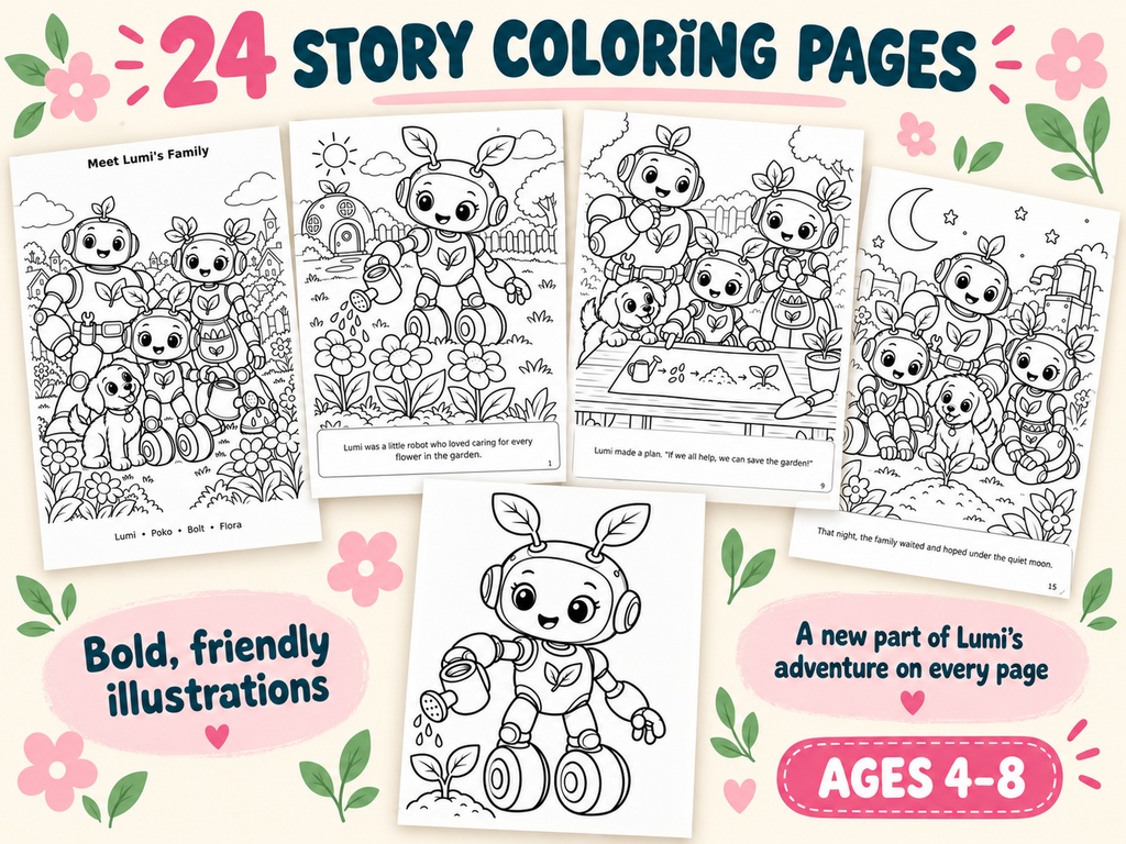 English Edition – “Lumi and the Little Sprout” Alternate illustration version Story Coloring Book 24 Pages • Printable PDF Files • Recommended Ages: 4–8