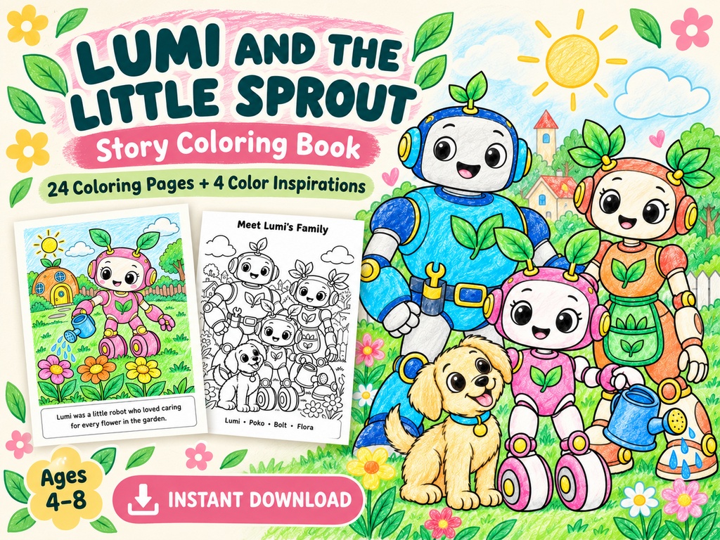English Edition – “Lumi and the Little Sprout” 　Alternate illustration version　Story Coloring Book 24 Pages • Printable PDF Files • Recommended Ages: 4–8