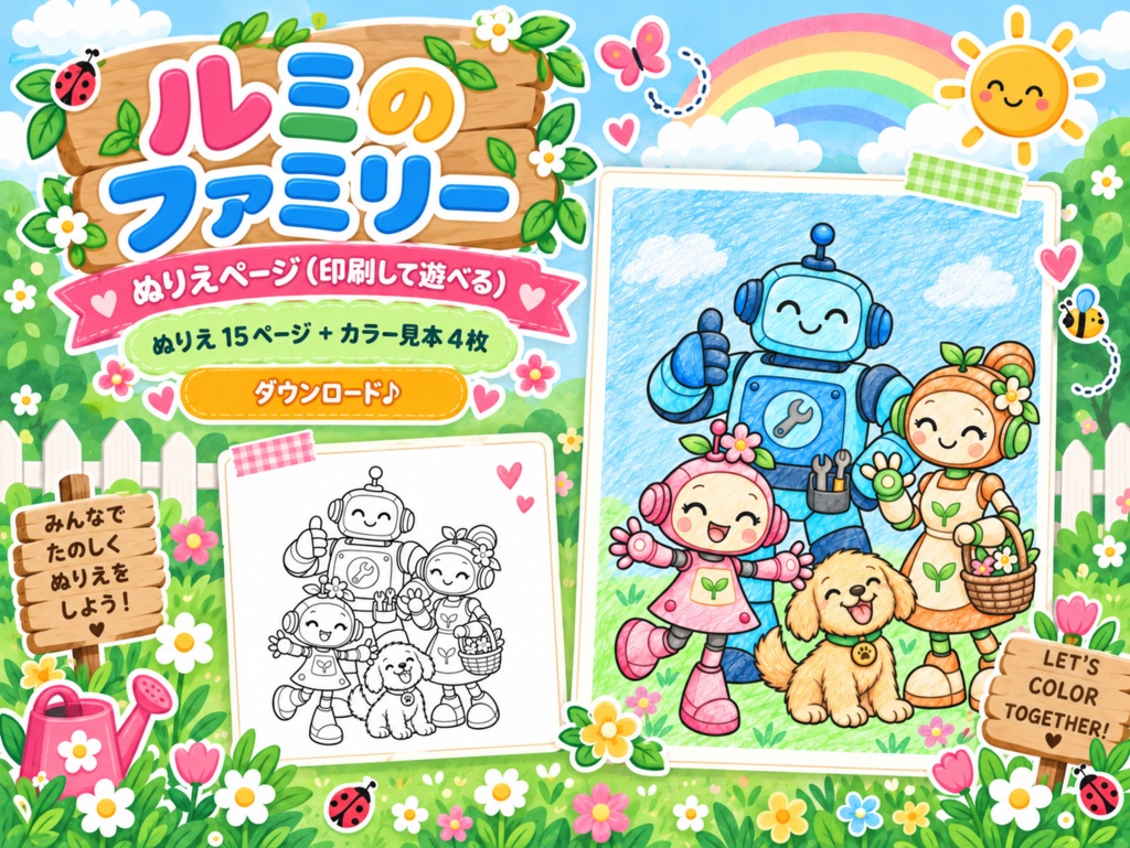 子供向けぬりえ 15枚 「ルミのかぞく」 印刷用PDFデータ