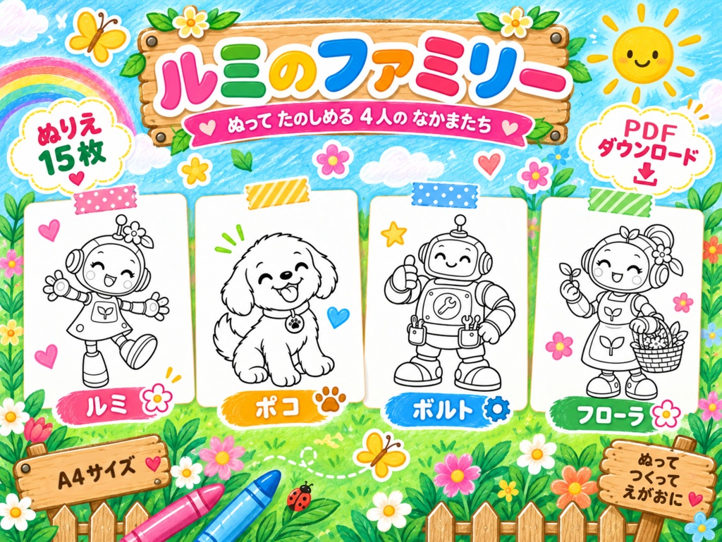 子供向けぬりえ 15枚 「ルミのかぞく」 印刷用PDFデータ