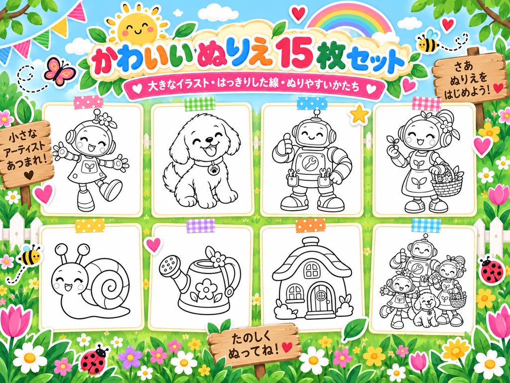 子供向けぬりえ 15枚 「ルミのかぞく」 印刷用PDFデータ