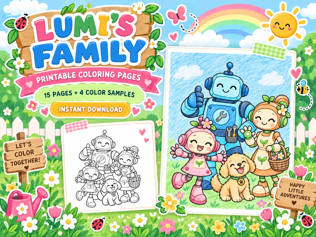 English edition Lumi’s Family – 15 Printable Coloring Pages for Kids – Digital PDF Download