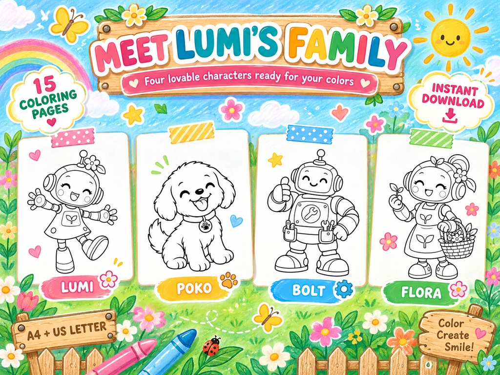 English edition Lumi’s Family – 15 Printable Coloring Pages for Kids – Digital PDF Download