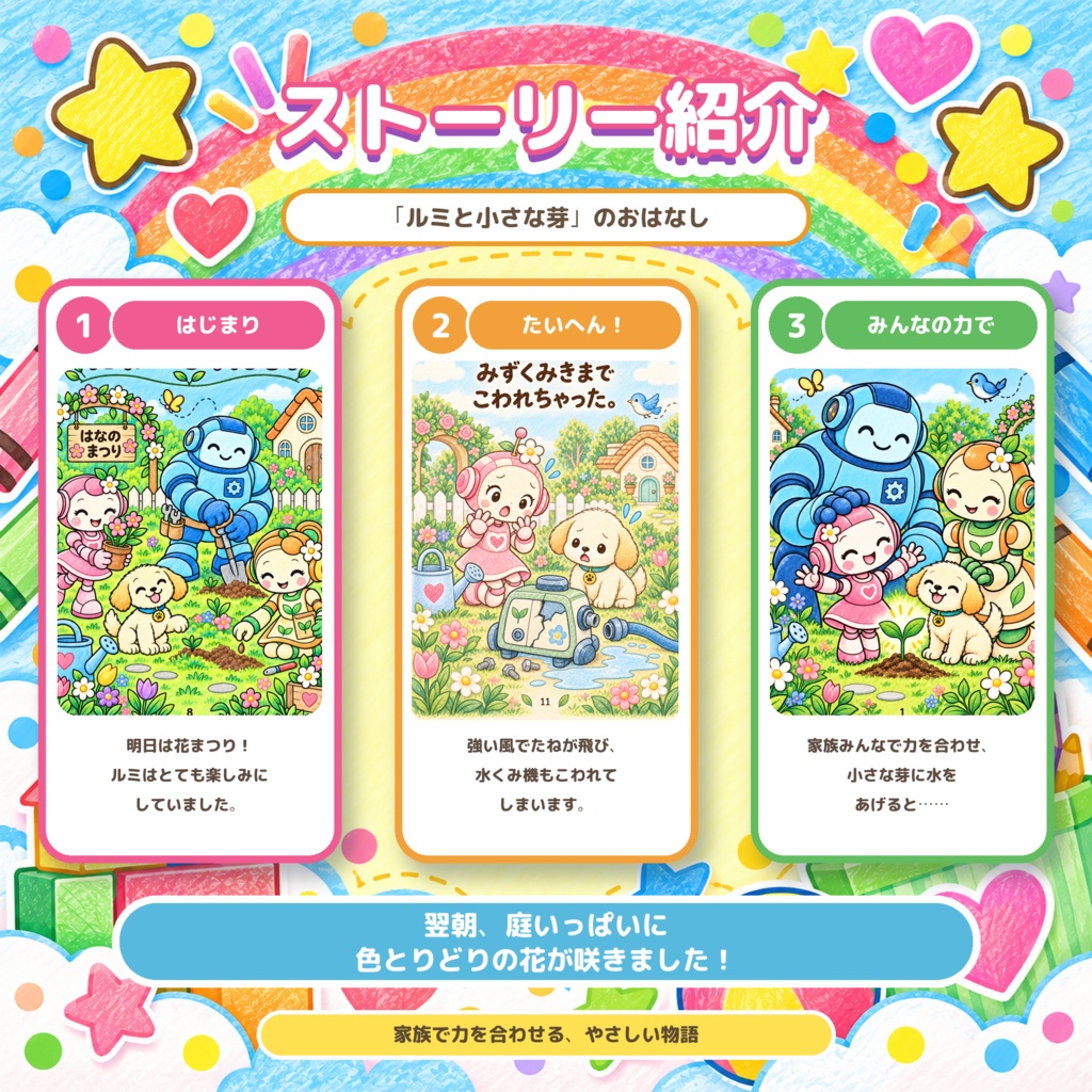 「ルミと小さな芽」ストーリーぬりえ 24枚 印刷用PDFデータ 対象年齢:4~8歳